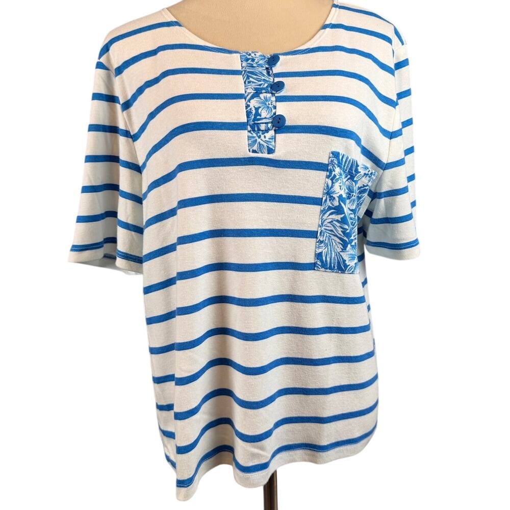 Vintage Fritzi California Striped Blue White Short Sleeve Henley Boxy Large Wome